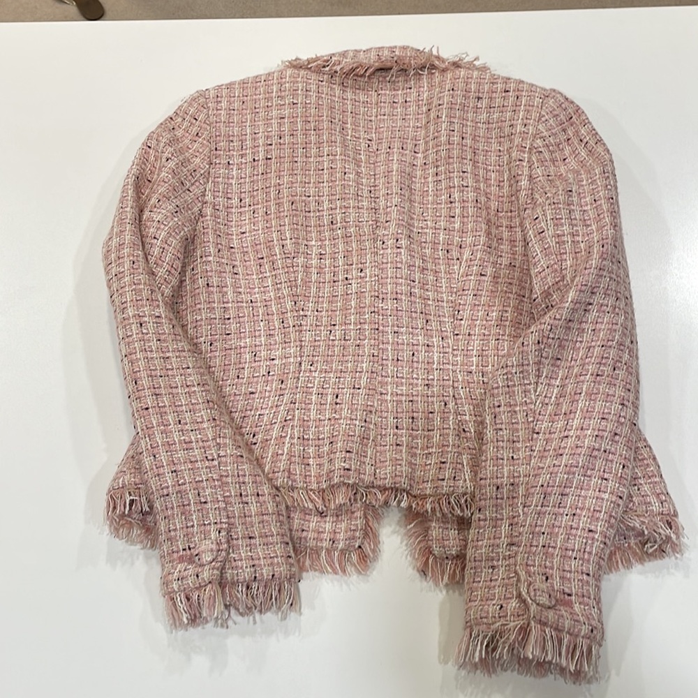 Thalia Sodi Pink Tweed Jacket Fringe Trim | Chanel Style | Size M | Chic Blazer - Picture 5 of 8